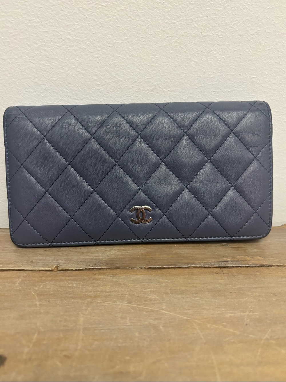 CHANEL Lambskin Quilted Yen Wallet Blue